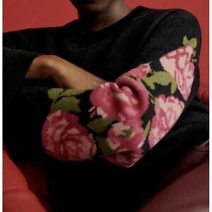 Sezane Isaura Jumper Women's Black Merino Wool Pullover Sweater Size M Pink Rose